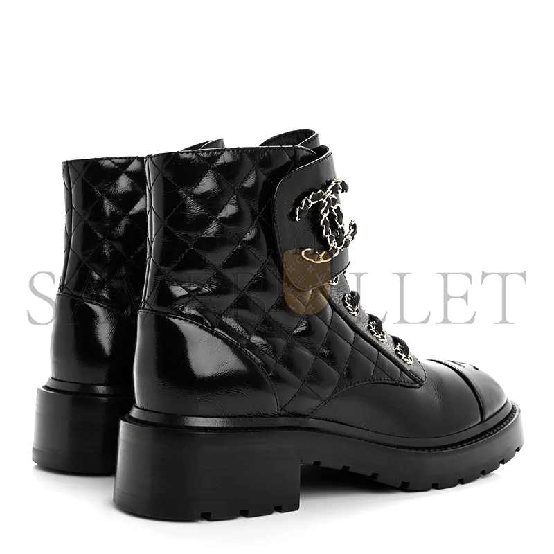 Ch**el shiny calfskin quilted lace up combat boots g36424